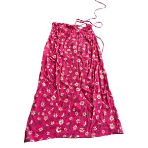 Stradivarius Pink Daisy Floral Midi Skirt Side Slit Lace Up Back Size US 2